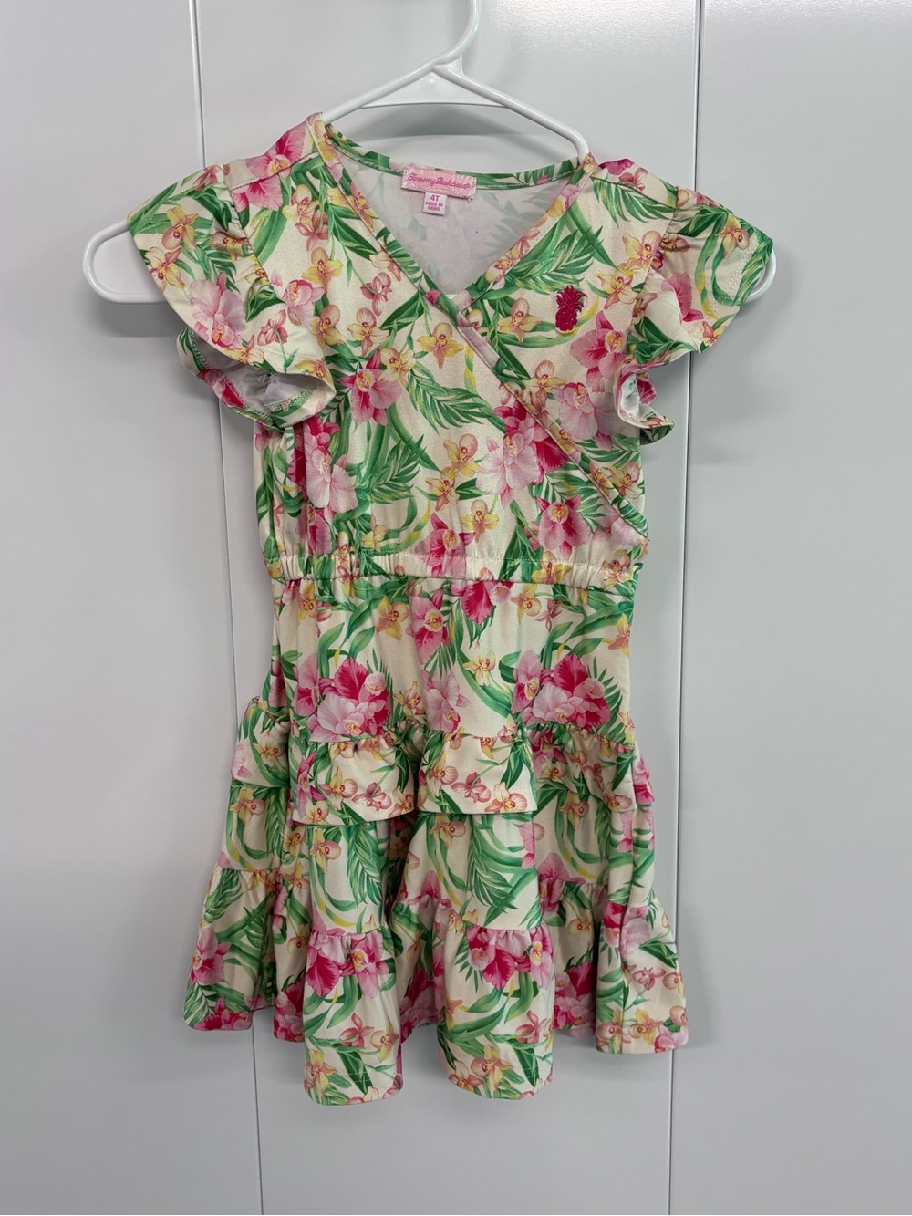 TOMMY BAHAMA toddler girl dress Size 4T Hawaiian floral Pink Ruffles Vacation